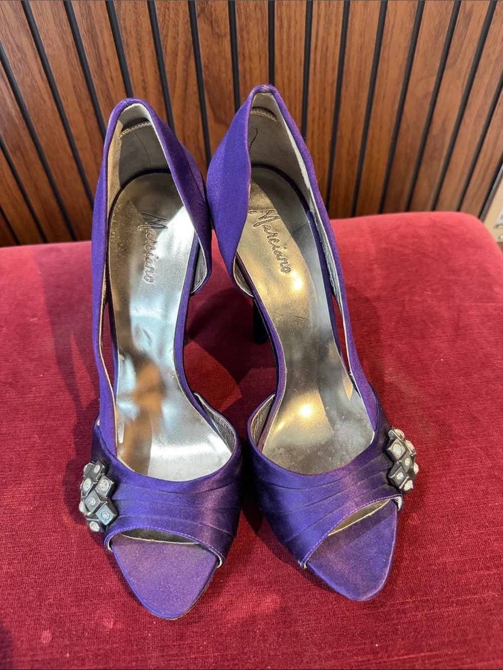 Purple Satin Peep Toe Jeweled High Heel Pumps